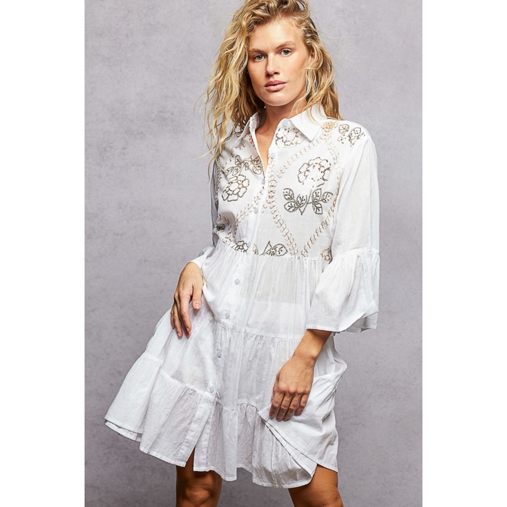 POL White Embroidered Tiered Dress | Button Front Half Sleeve Mini